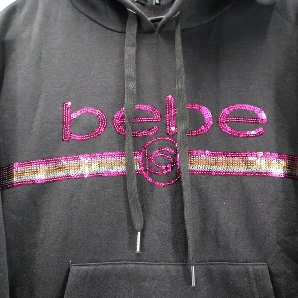 Bebe Womens Pullover Hoodie Sequin Logo Size XL Black Sweatshirt New - Picture 2 of 9